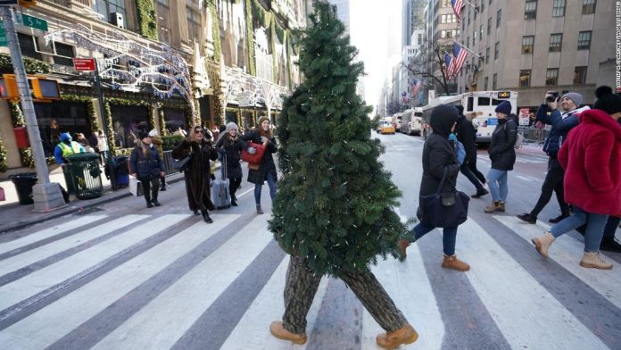 A man dressed up as a Christmas tree is walking around New York City